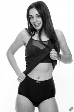 2020-02-02 Jessica Maria in her own blue dress, worn over matching blue vintage-style blue strapless bra and tummy-panel pantie girdle