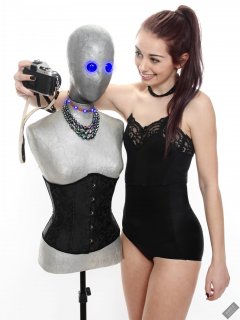 2020-02-02 Jessica Maria with illuminated "alien" mannequin. Jessica wears  black strapless bra and high-waist control-briefs, worn as hotpants