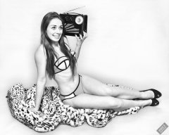 2020-02-02 Jessica Maria listens to vintage Radio Exchange Roamer Ten reciever. Jessica wears blue neoprene bikini