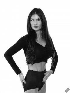 2020-03-08 LisaAnne in black crop top and vintage style black pantie girdle worn as hot pants