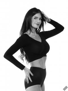 2020-03-08 LisaAnne in black crop top and vintage style black pantie girdle worn as hot pants