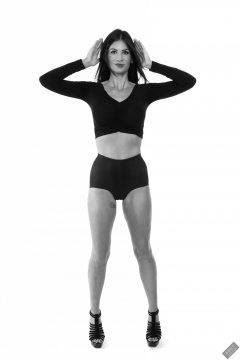 2020-03-08 LisaAnne in black crop top and vintage style black pantie girdle worn as hot pants