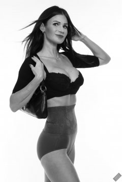 2020-03-08 LisaAnne in black posture bolero, black bra and high-waist violet girdle worn as hotpants