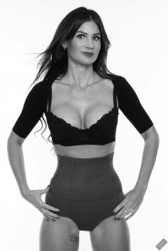 2020-03-08 LisaAnne in black posture bolero, black bra and high-waist violet girdle worn as hotpants