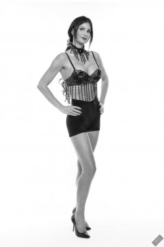 2020-03-08 LisaAnne in black jewelled dance top and tight black long leg pantie girdle worn as hotpants