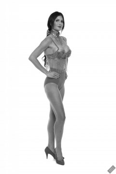 2020-03-08 LisaAnne in red jewelled dance top and red pocket girdle worn as hotpants