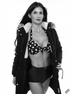 2020-03-08 LisaAnne in her own parka worn over blue and white polka dot bikini top and blue vintage style pantie girdle worn as hotpants