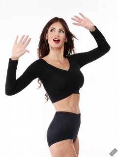 2020-03-08 LisaAnne in black crop top and vintage style black pantie girdle worn as hot pants