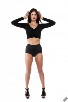 2020-03-08 LisaAnne in black crop top and vintage style black pantie girdle worn as hot pants