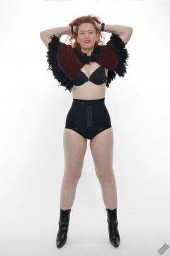 Chiara models tight, vintage-style, high-waisted, hook-front girdle for her 21st anniversary shoot