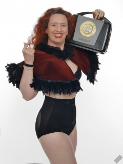 Chiara models tight, vintage-style, high-waisted, hook-front girdle for her 21st anniversary shoot