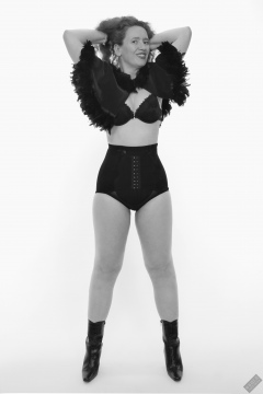 Chiara models tight, vintage-style, high-waisted, hook-front girdle for her 21st anniversary shoot