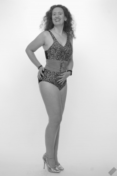 Chiara models vintage animal-print, tummy-control swimsuit for her 21st anniversary shoot