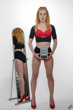 Rebecca Love - fitness set, in black posture top, red bra and lycra control briefs, worn as hotpants