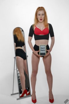 Rebecca Love - fitness set, in black posture top, red bra and lycra control briefs, worn as hotpants