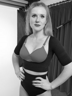 Rebecca Love - outtake in posture top, red bra and her own thong-style control briefs