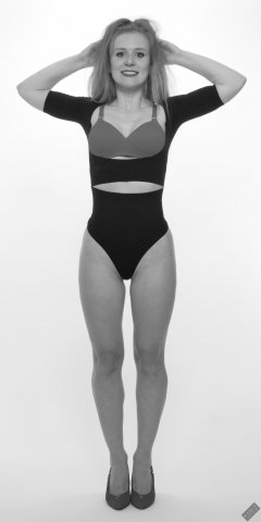 Rebecca Love - fitness set, in posture top, red bra and her own thong-style control briefs