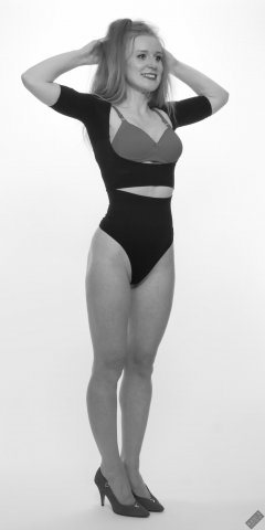 Rebecca Love - fitness set, in posture top, red bra and her own thong-style control briefs