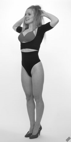 Rebecca Love - fitness set, in posture top, red bra and her own thong-style control briefs