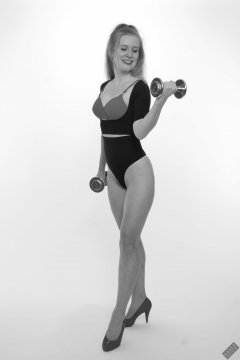 Rebecca Love - fitness set, in posture top, red bra and her own thong-style control briefs