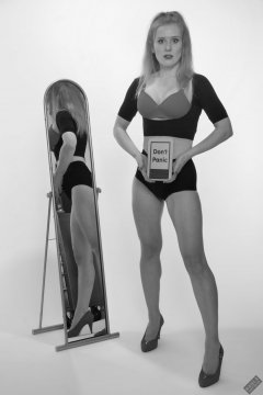 Rebecca Love - fitness set, in black posture top, red bra and lycra control briefs, worn as hotpants