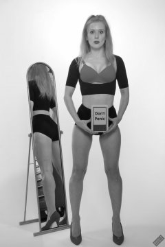 Rebecca Love - fitness set, in black posture top, red bra and lycra control briefs, worn as hotpants