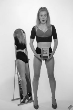 Rebecca Love - fitness set, in black posture top, red bra and lycra control briefs, worn as hotpants