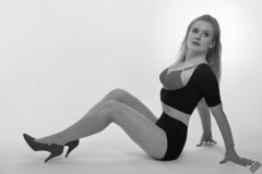 Rebecca Love - fitness set, in black posture top, red bra and lycra control briefs, worn as hotpants