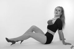 Rebecca Love - fitness set, in black posture top, red bra and lycra control briefs, worn as hotpants