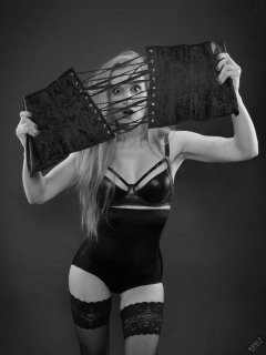Rebecca Love - in black wetlook bra and shinly black high-waist girdle