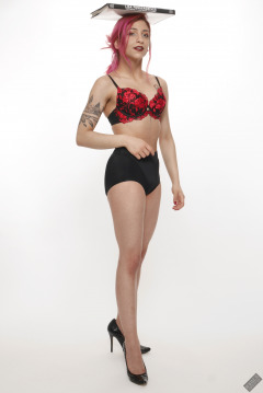 2022-07-02 Mave D models red bra top and snug-fitting control briefs worn as hotpants