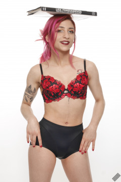 2022-07-02 Mave D models red bra top and snug-fitting control briefs worn as hotpants