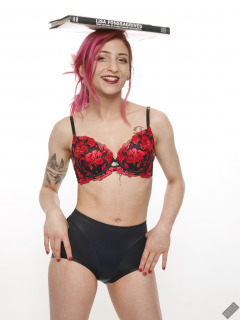 2022-07-02 Mave D models red bra top and snug-fitting control briefs worn as hotpants