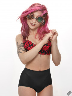 2022-07-02 Mave D models red bra top and snug-fitting control briefs worn as hotpants