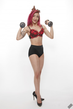 2022-07-02 Mave D models red bra top and snug-fitting control briefs worn as hotpants