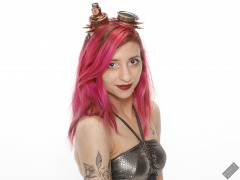 2022-07-02 Mave D in golden bra top and high wasted black girdle, giving the illusion of a one-piece swimsuit
