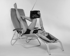 2022-07-02 Mave D models black bra top and vintage girdle worn as hotpants, whilst relaxing in vintage Relaxator 365 chair and listening to Roamer Ten radio