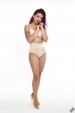 Mave D in matching bra and vintage style pantie-girdle