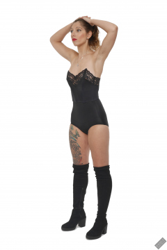 Michelle's Modelling in black strapless bra-top and matching black high-waist girdle, worn as hotpants, c/w tight leather corset-belt