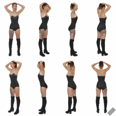 Michelle's Modelling in black strapless bra-top and matching black high-waist girdle, worn as hotpants, c/w tight leather corset-belt