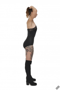 Michelle's Modelling in black strapless bra-top and matching black high-waist girdle, worn as hotpants, c/w tight leather corset-belt