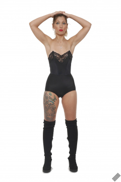 Michelle's Modelling in black strapless bra-top and matching black high-waist girdle, worn as hotpants, c/w tight leather corset-belt