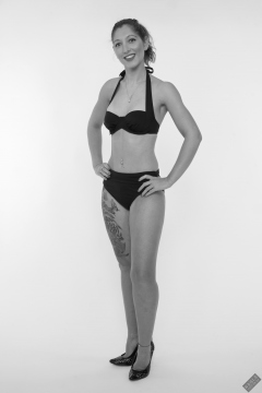 Michelle's Modelling in her own black vintage-style bikini and black suede boots