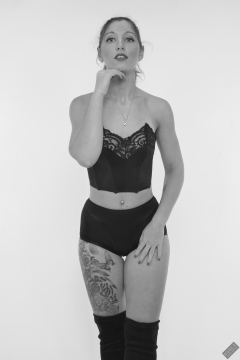 Michelle's Modelling in matching black bra and black control briefs worn as hotpants