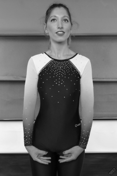 Michelle's Modelling with multicoloured backdrop, in gymnastics leotard costume