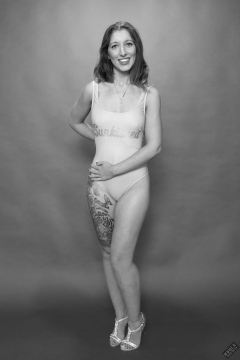 Michelle's Modelling in her own pale blue and pink swimsuit