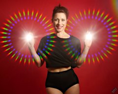 Athena Marie lit by RGB+CCT LED, in knotted T-shirt and vintage black control briefs worn as hotpants, studio shoot 2023-02-04