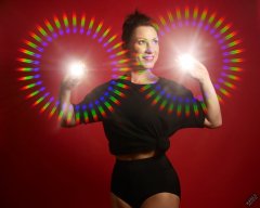 Athena Marie lit by RGB+CCT LED, in knotted T-shirt and vintage black control briefs worn as hotpants, studio shoot 2023-02-04
