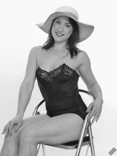 Athena Marie in vintage strapless bra top and high waist pantie girdle worn as hotpants, studio shoot 2023-02-04