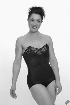 Athena Marie in vintage strapless bra top and high waist pantie girdle worn as hotpants, studio shoot 2023-02-04